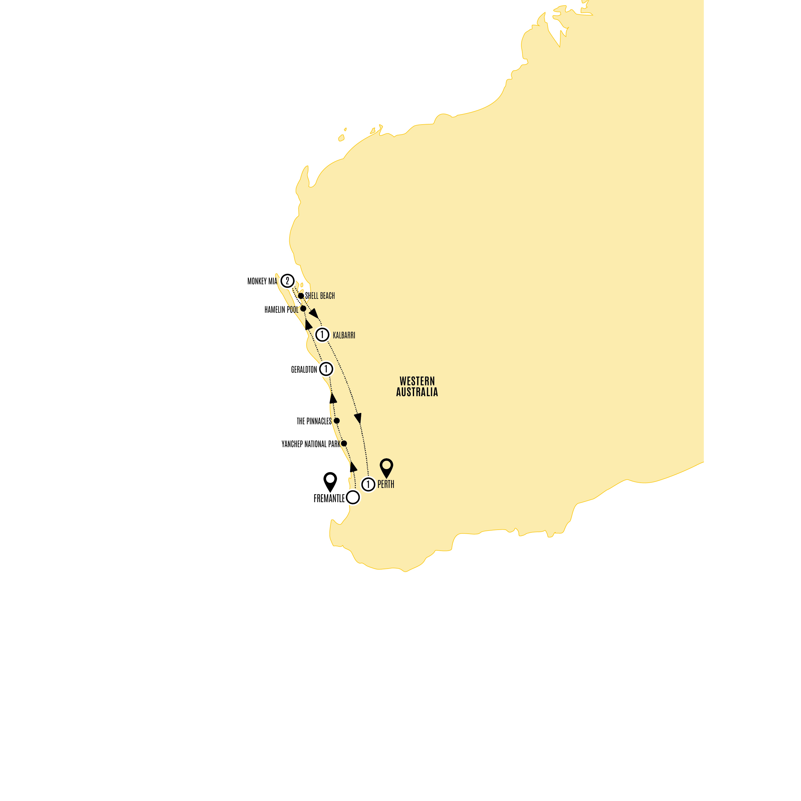 Monkey Mia Dolphins and West Coast Guided Tour Map 2026-27-28