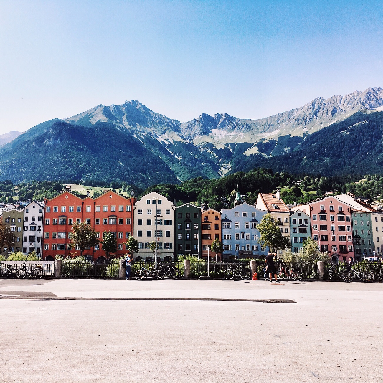 Colourful Houses of Innsbruck with mountains in the background. Austria