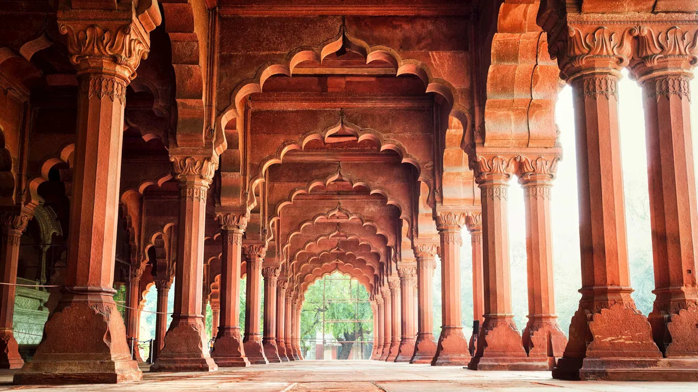 Diwan-i-Am hall at Red Fort with rows of ornate red sandstone arches