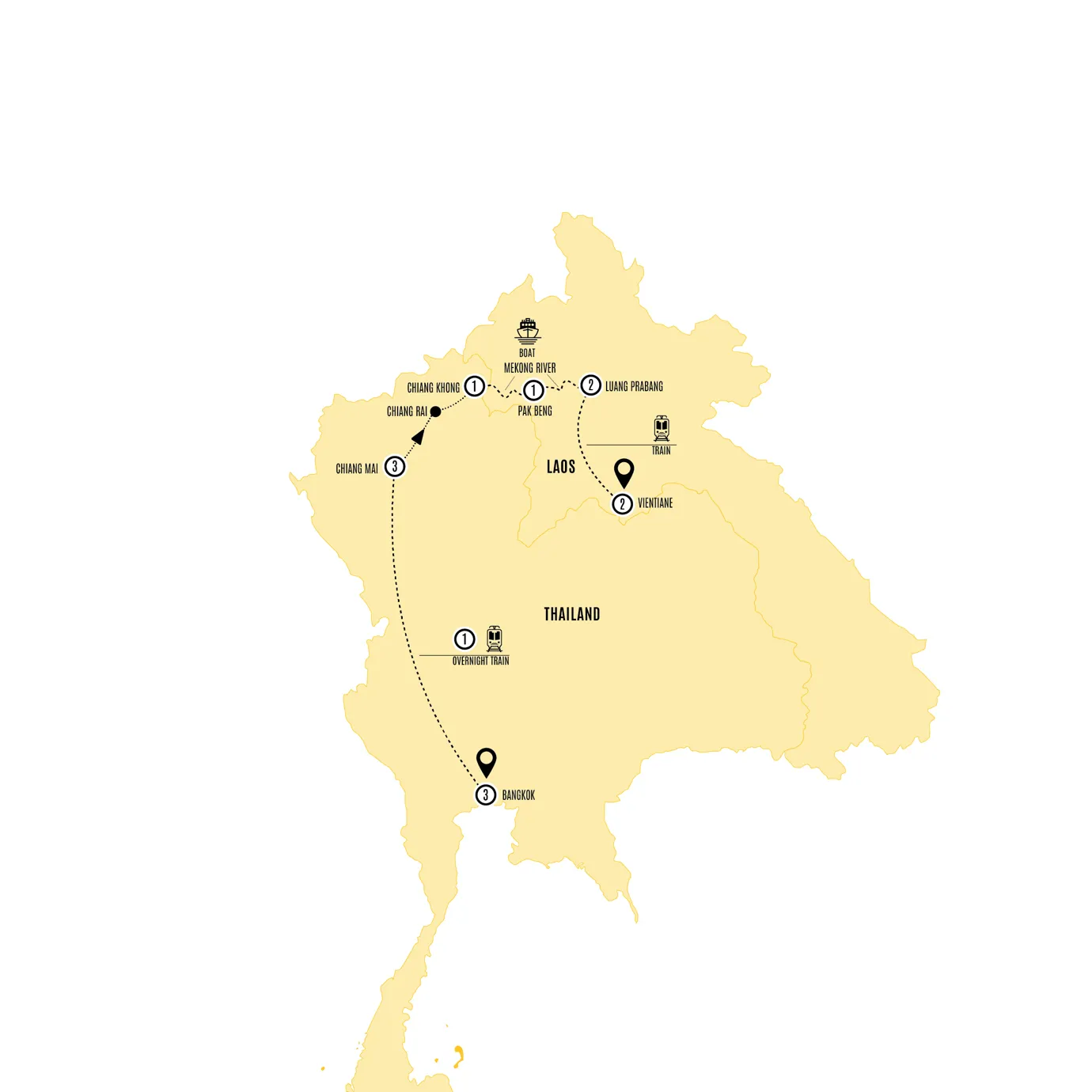 Highlights of Thailand and Laos Guided Tour Map 2027
