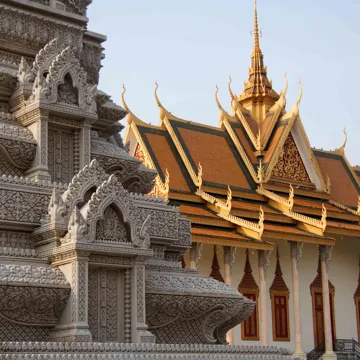 Temple in Cambodia with orange roof on a sunny day