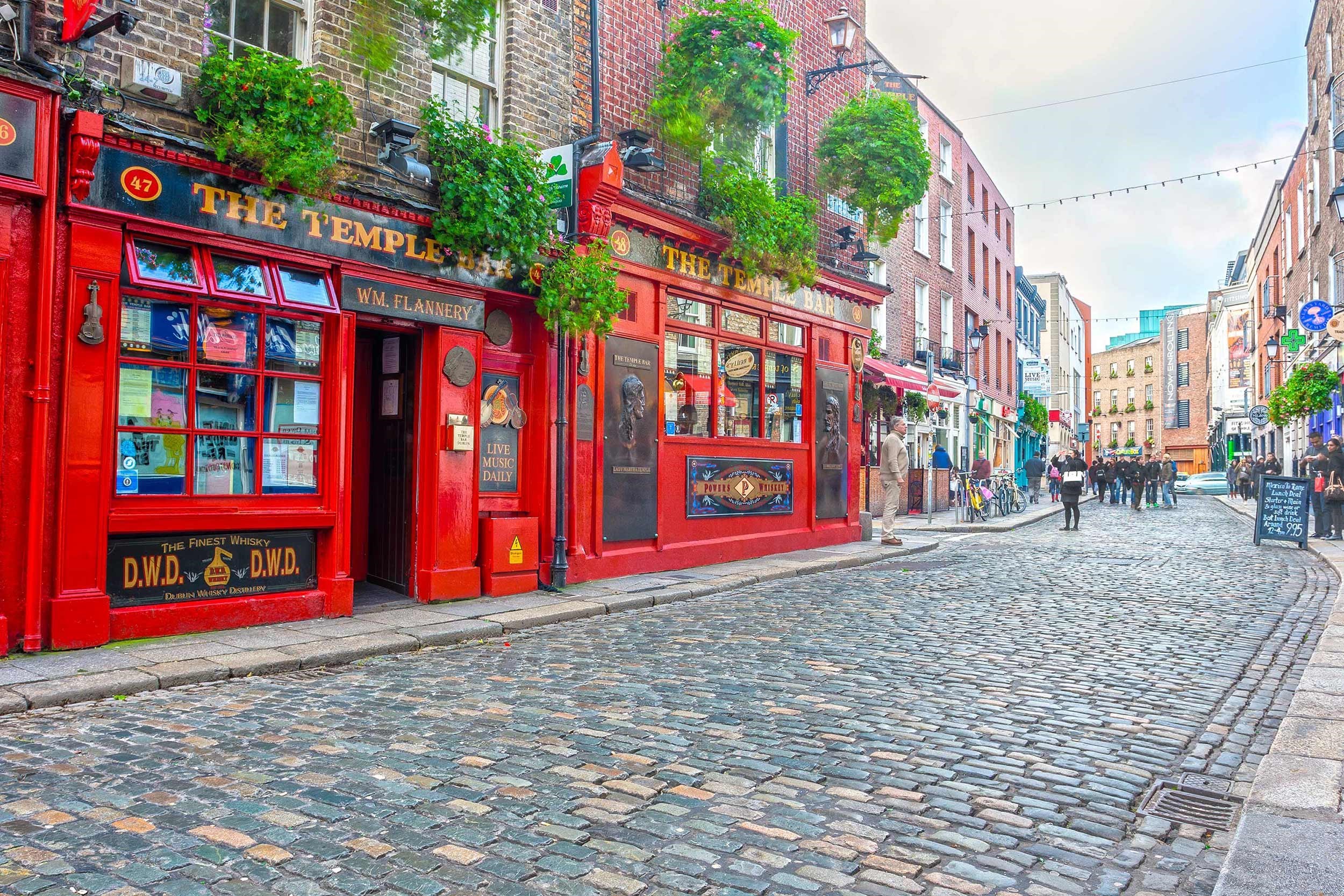 Infamous Temple Bar front featuring ornate details in Dublin, Ireland