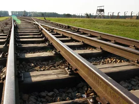 A train track with a grassy field in the background in Poland Auschwitz