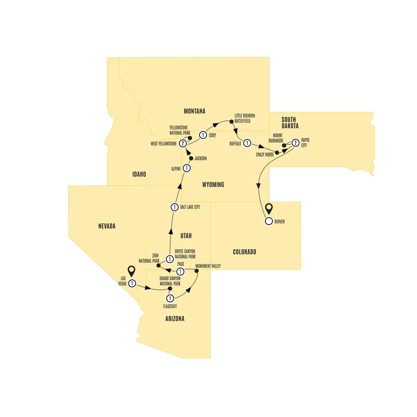 Spectacular Canyons National Parks Las Vegas Denver Guided Tour Map 2027