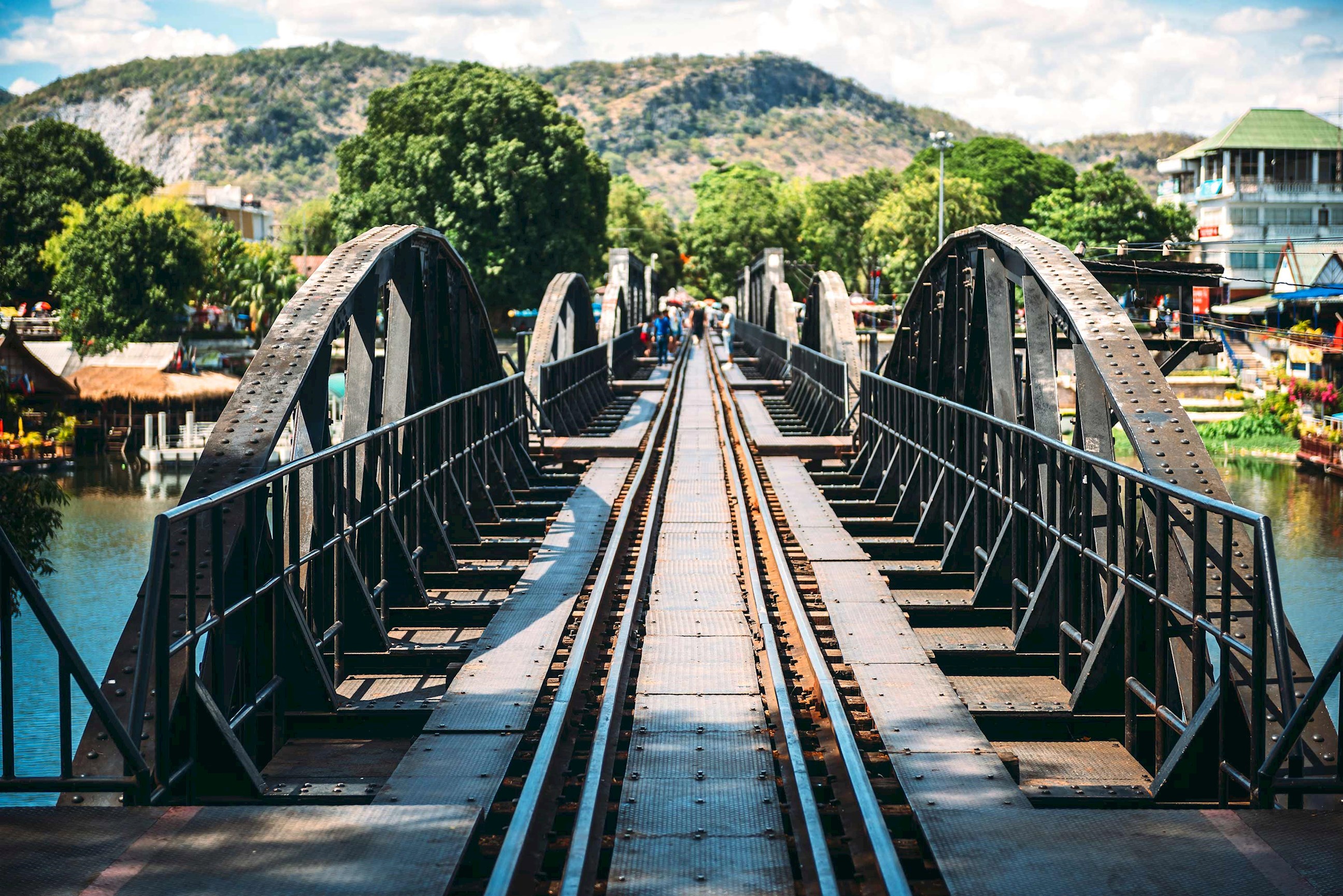 Historic steel railway bridge over River Kwai in Kanchanaburi, Thailand