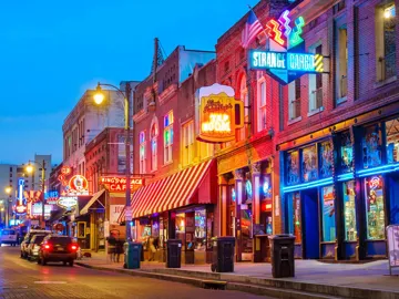Street scene at night in Memphis, Tennessee, USA