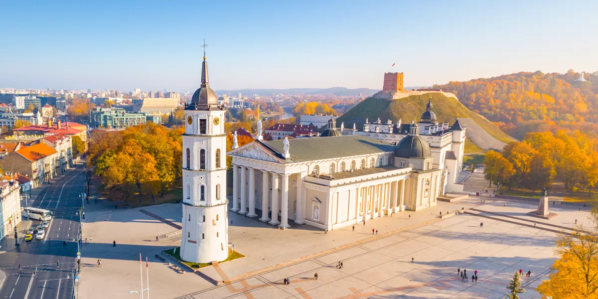 An aerial view of a Gediminas Castle Tower in Lithuania 