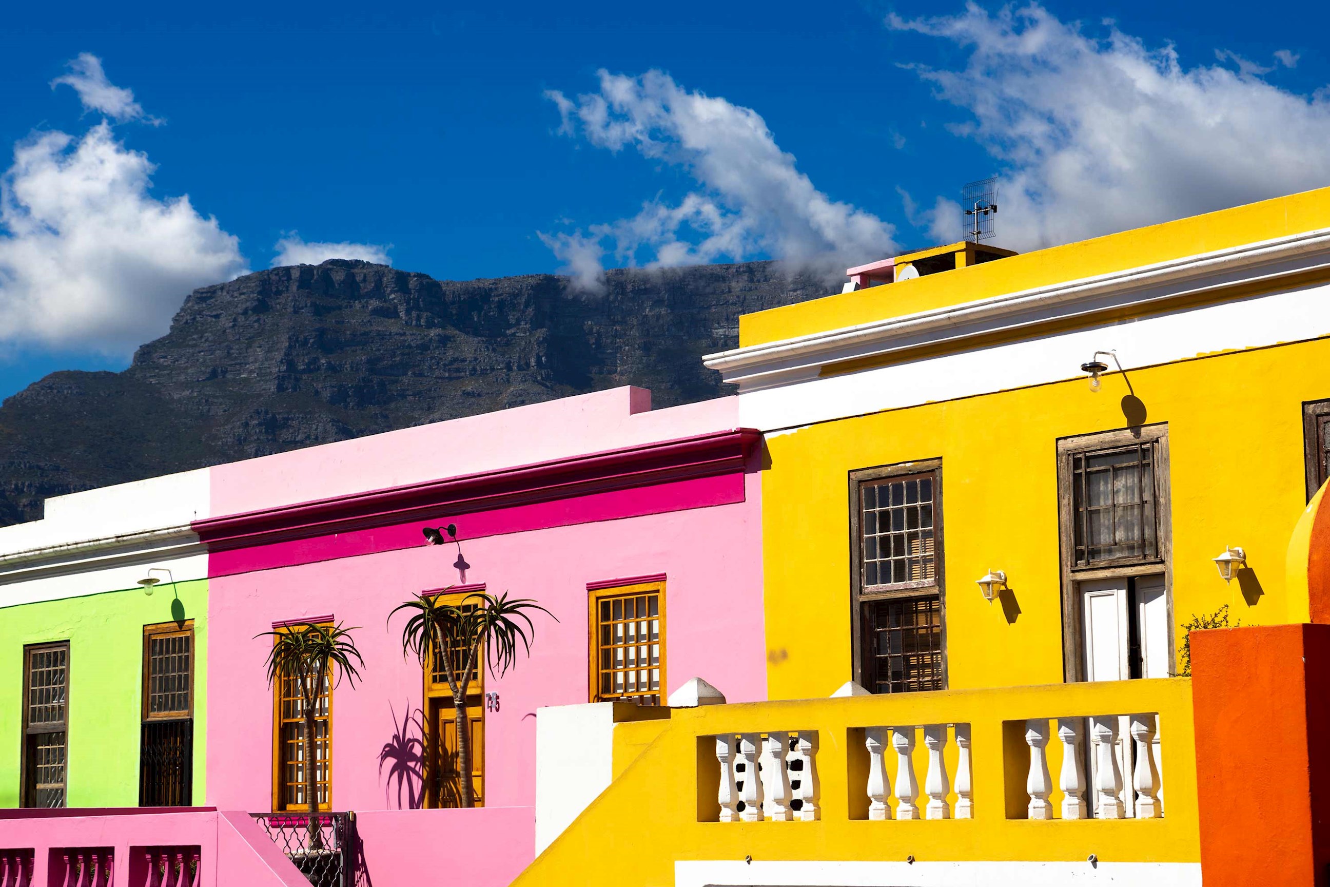 Colourful houses in Bo-Kaap with Table Mountain in background