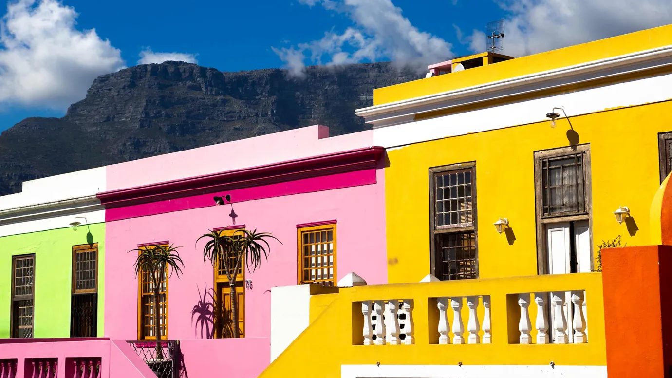 Colourful houses in Bo-Kaap with Table Mountain in background