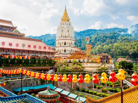 View of colorful lanterns and buildings in Penang, a city in Malaysia