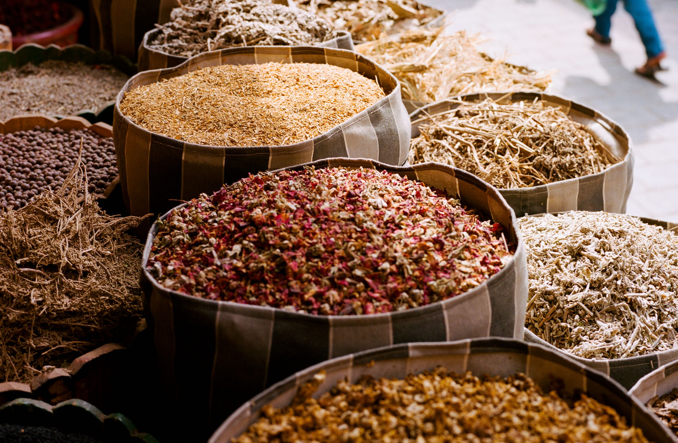 Sacks of dried fruit and seeds on a market stall in Rabat, Morocco