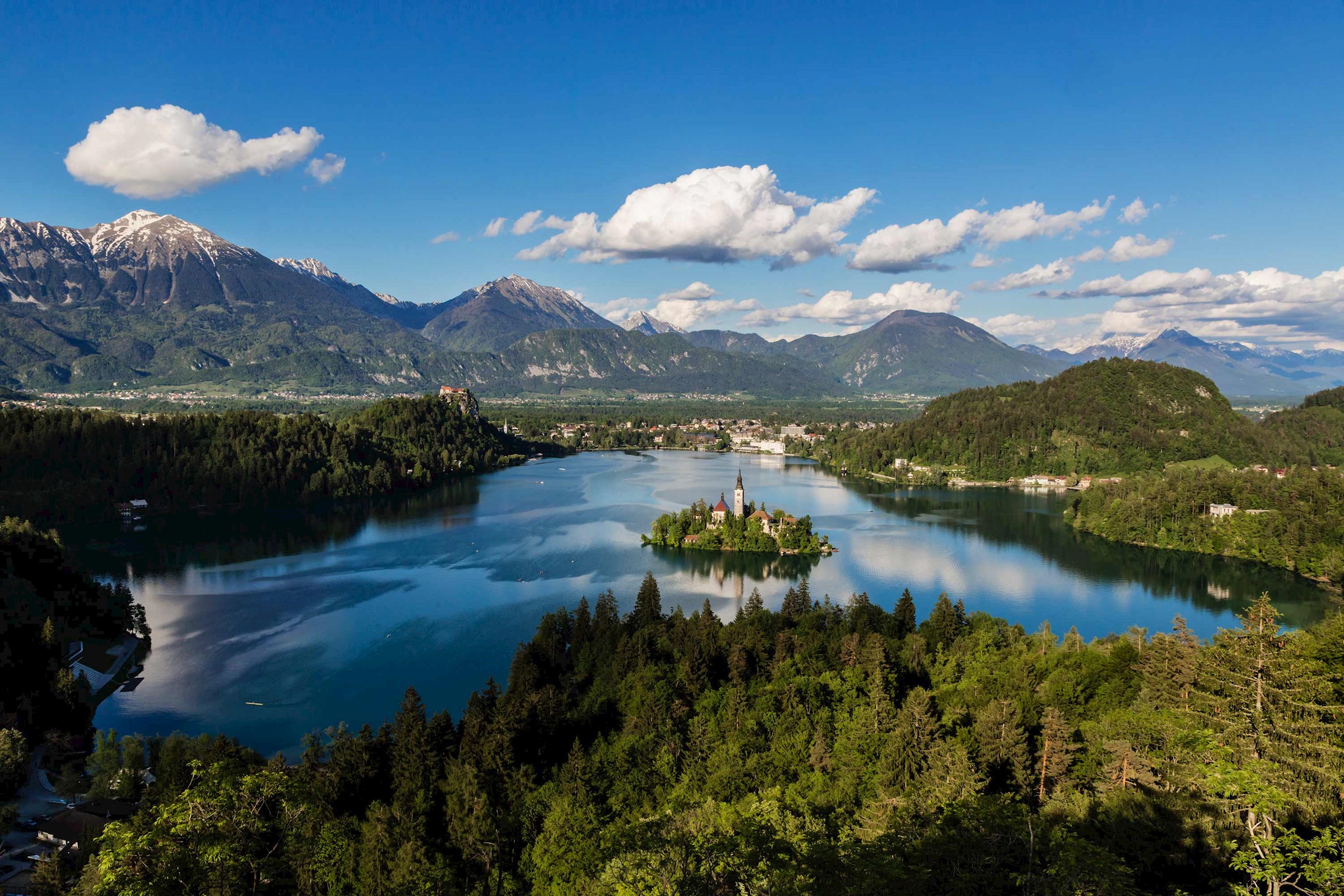 Aerial view of Lake Bled with Bled Island and Julian Alps in the background