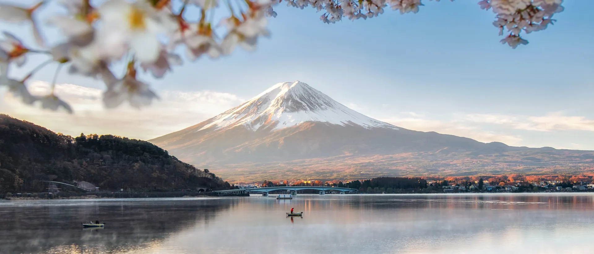 Fuji Mountain and fishing boat with Sakura at Kawaguchiko Lake in Japan