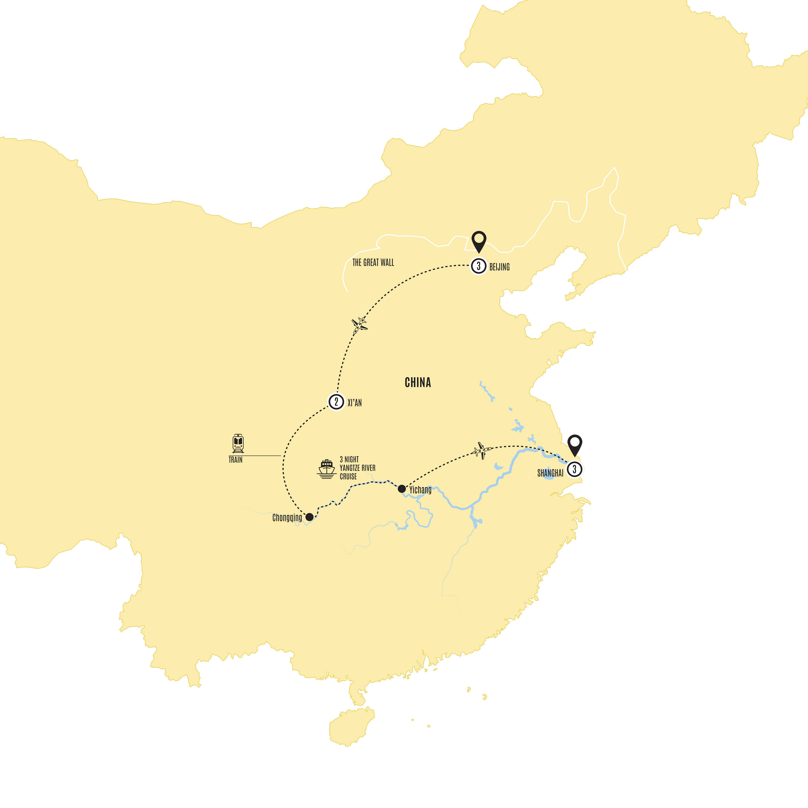 Iconic China with Yangtze Cruise Guided Tour Map