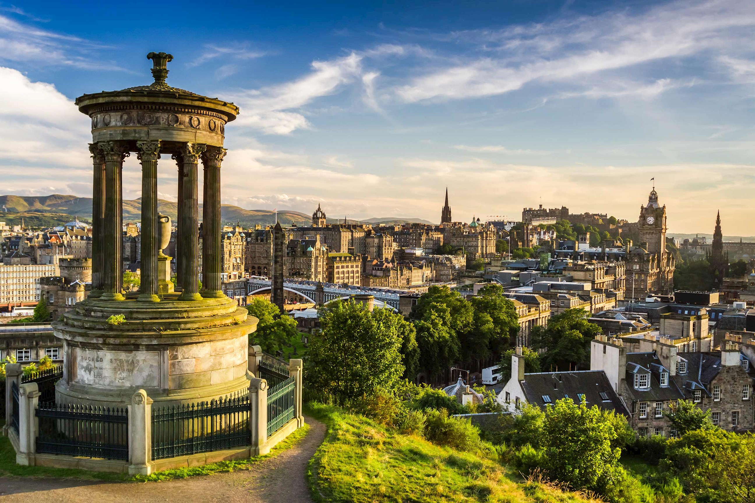 Panoramic city view from hill with skyline view in Edinburgh, Scotland
