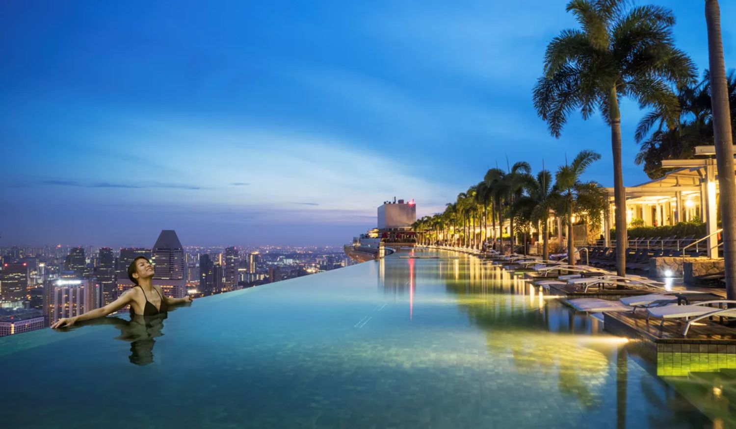 The infinity pool at the Marina Bay Sands hotel on sunset, Singapore