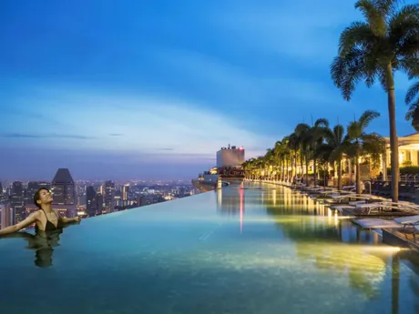 The infinity pool at the Marina Bay Sands hotel on sunset, Singapore