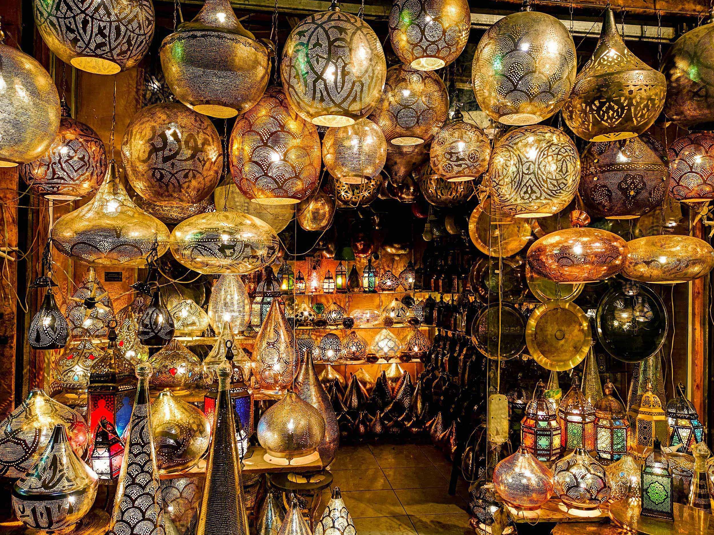 Traditional market stall displaying lanterns in Aswan, Egypt