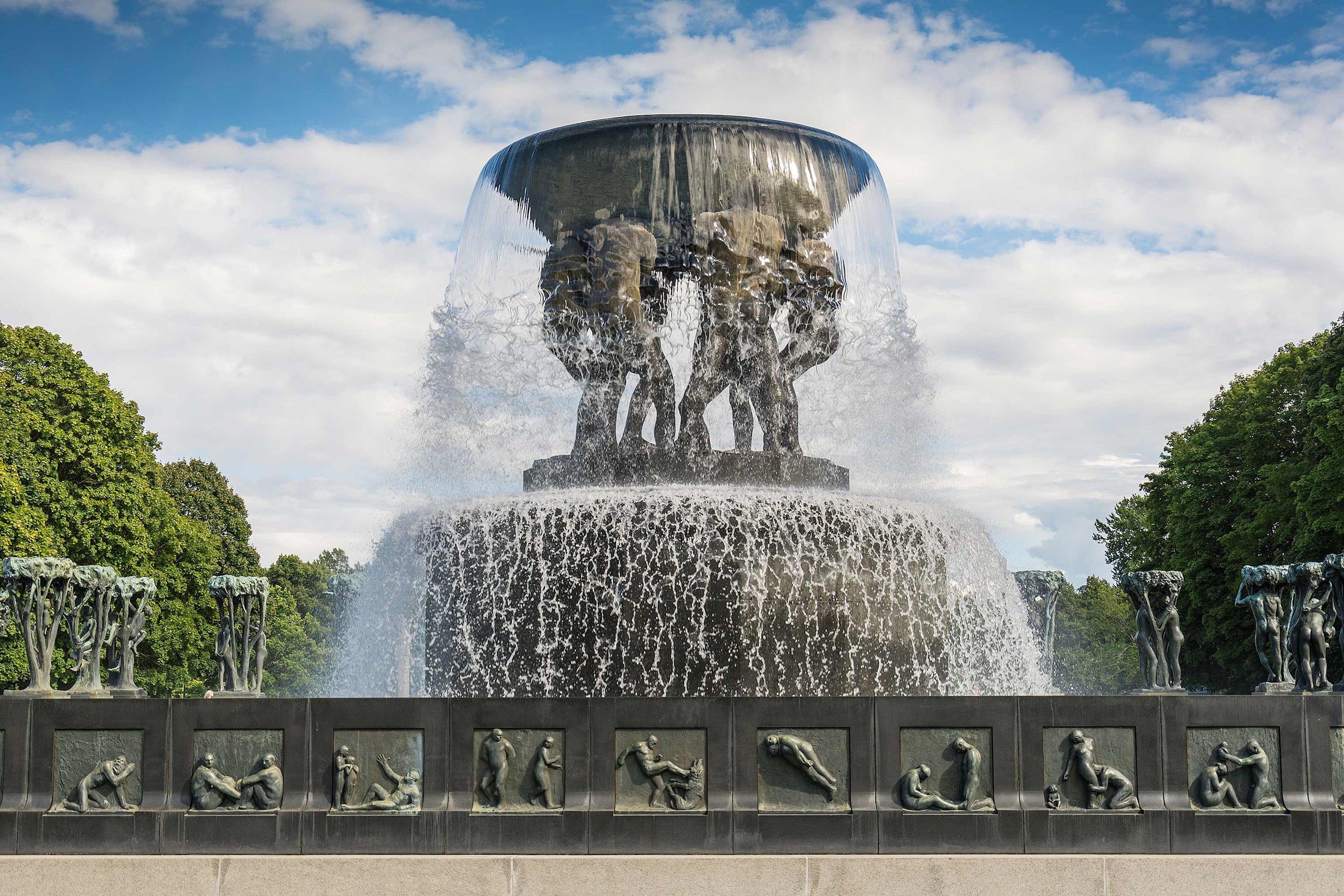 Large fountain with sculpted figures in park in Oslo, Norway