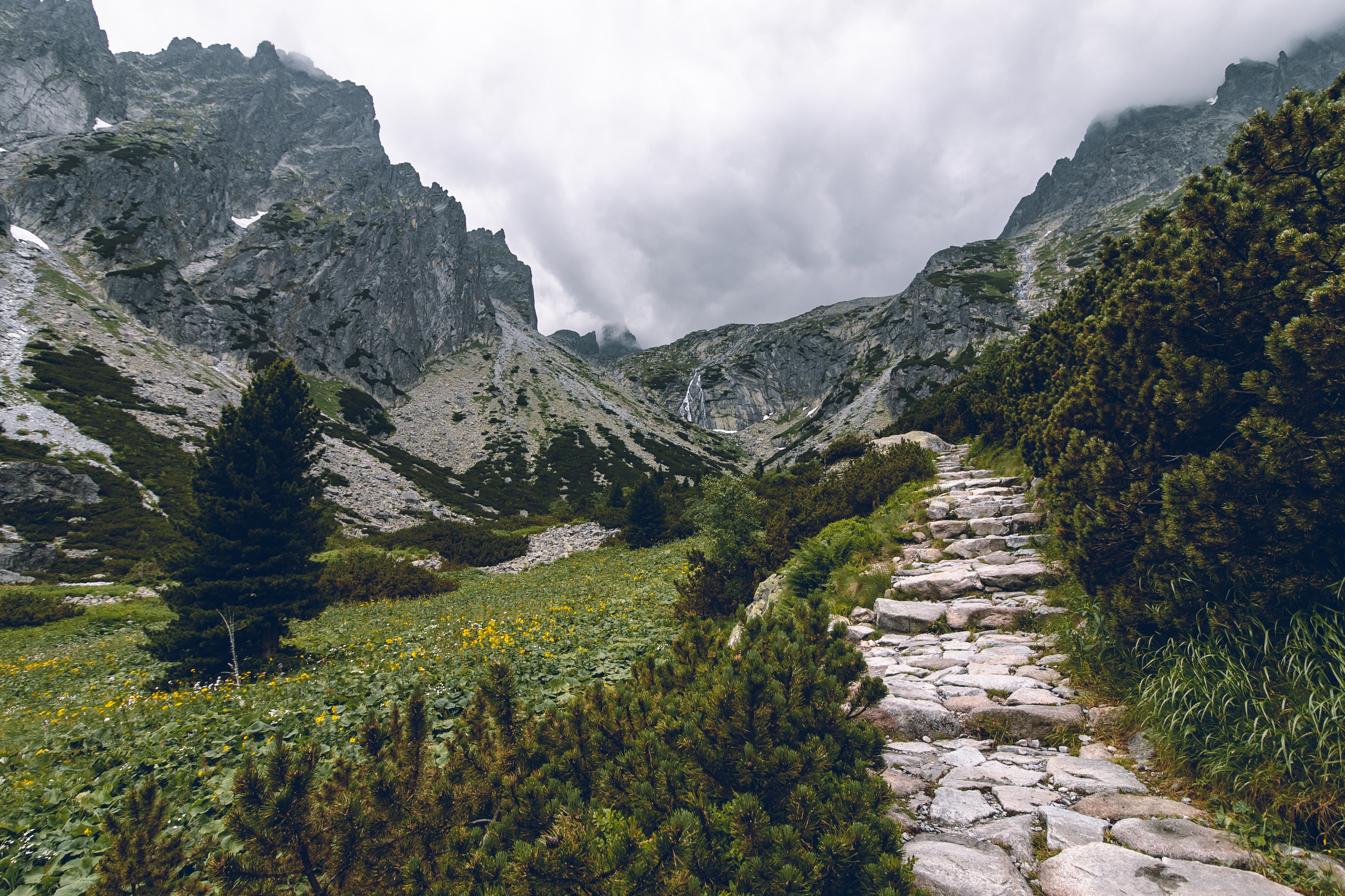 Stone path leading up towards mountains in Slovakia in spring