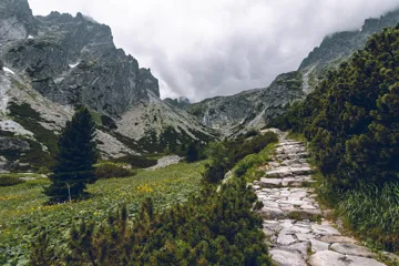 Stone path leading up towards mountains in Slovakia in spring