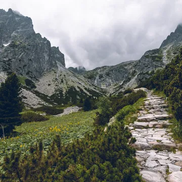 Stone path leading up towards mountains in Slovakia in spring