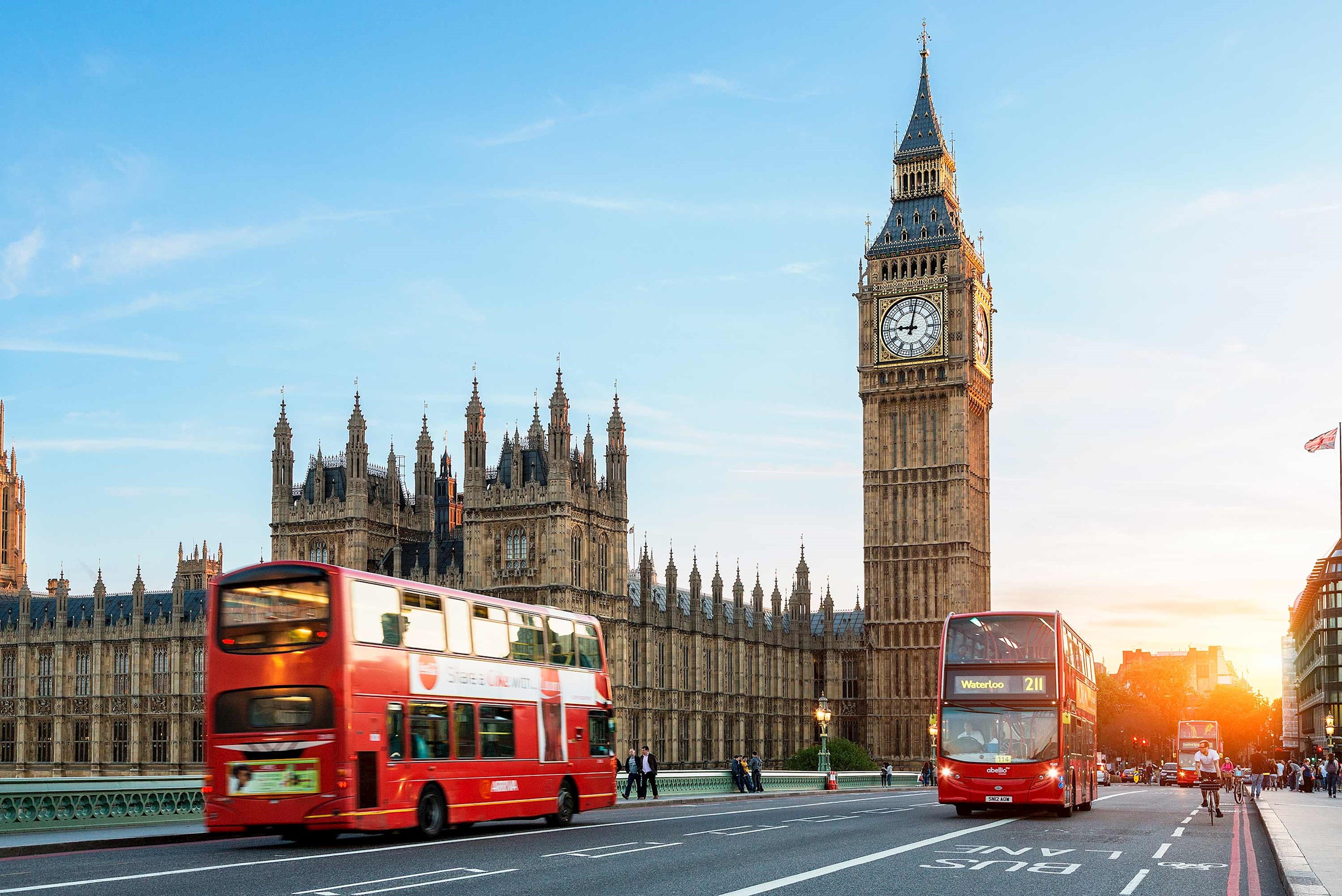A classic view of buses and historic building in London, England