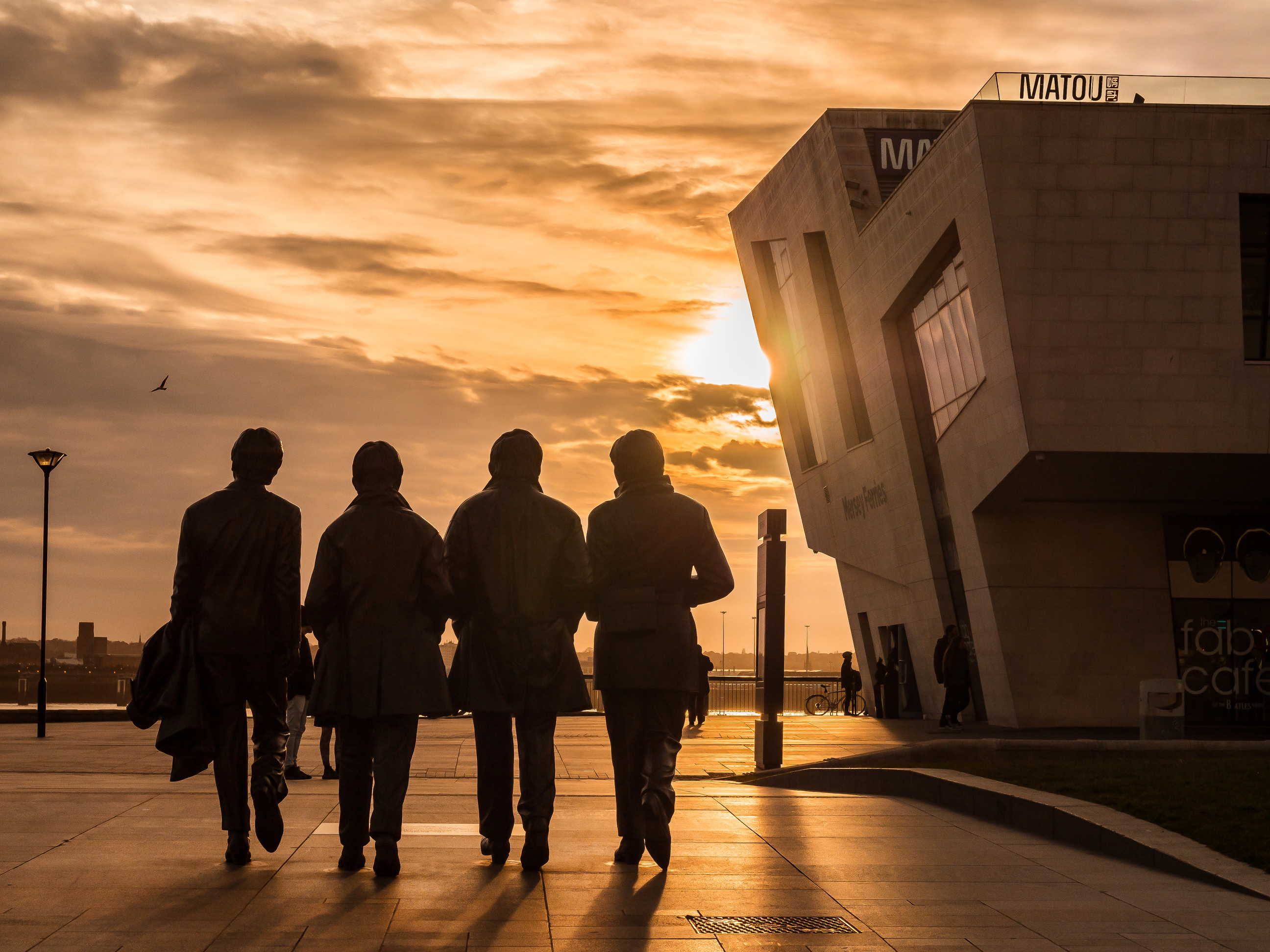 The Beatles Statue at Sunset in Liverpool, England