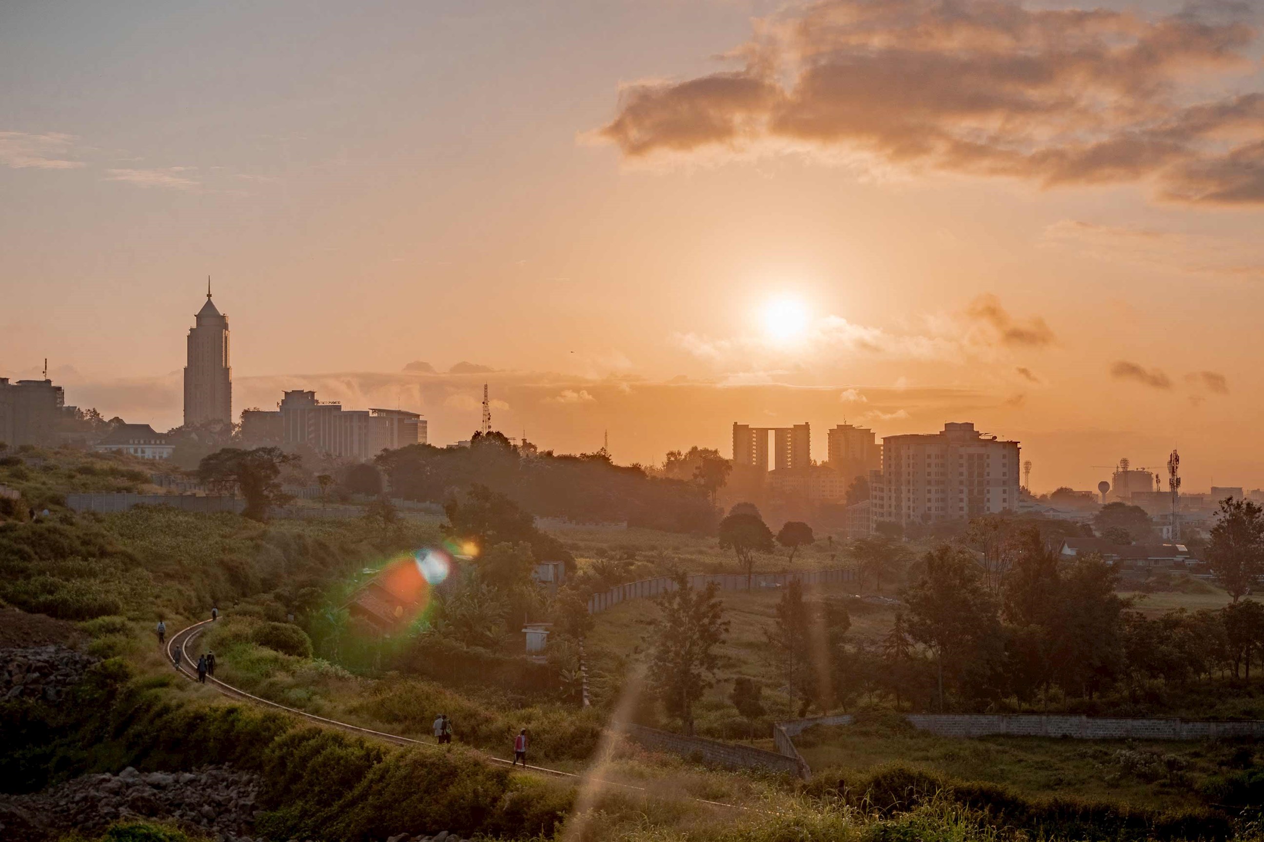 Sunset over Nairobi skyline with greenery foreground in Kenya