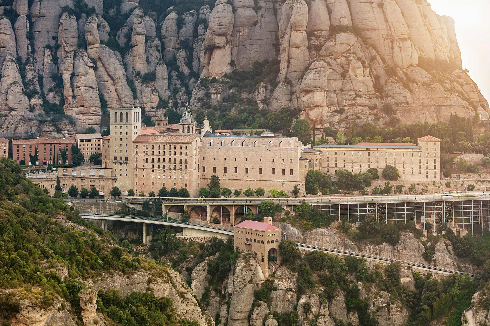 Montserrat Monastery nestled in rocky mountains in Spain