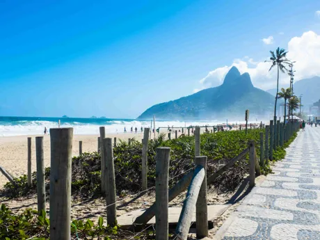 Ipanema beach in Rio de Janeiro, Brazil with the sugar loaf mountain in the background