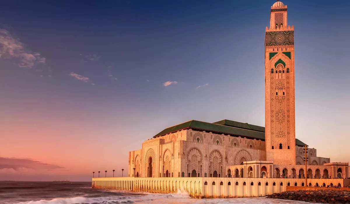 The Hassan II Mosque during sunset in Casablanca, Morocco