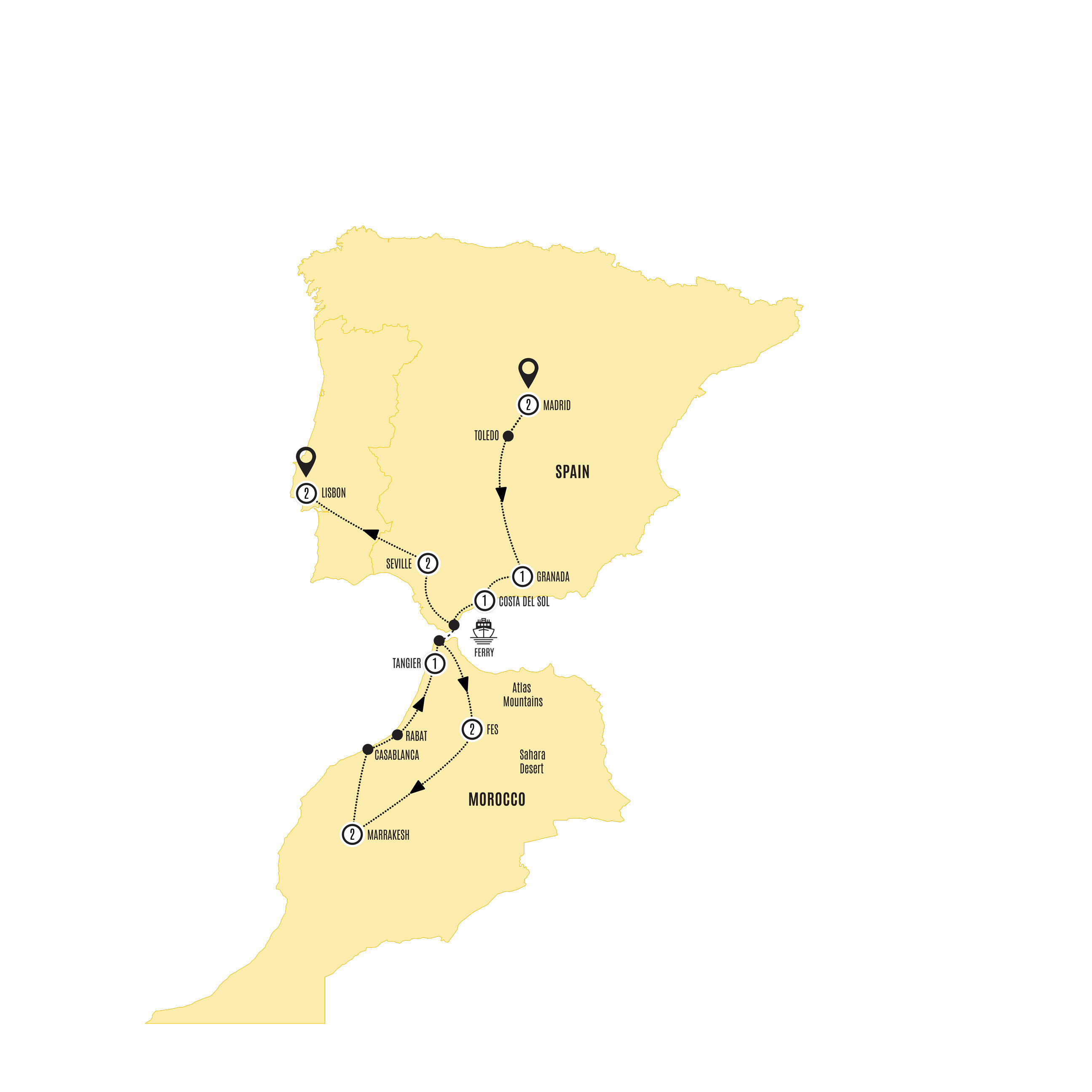 Highlights Spain Morocco Portugal Guided Tour Map 2026