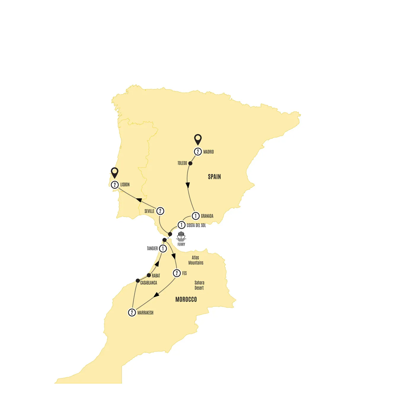 Highlights Spain Morocco Portugal Guided Tour Map 2026