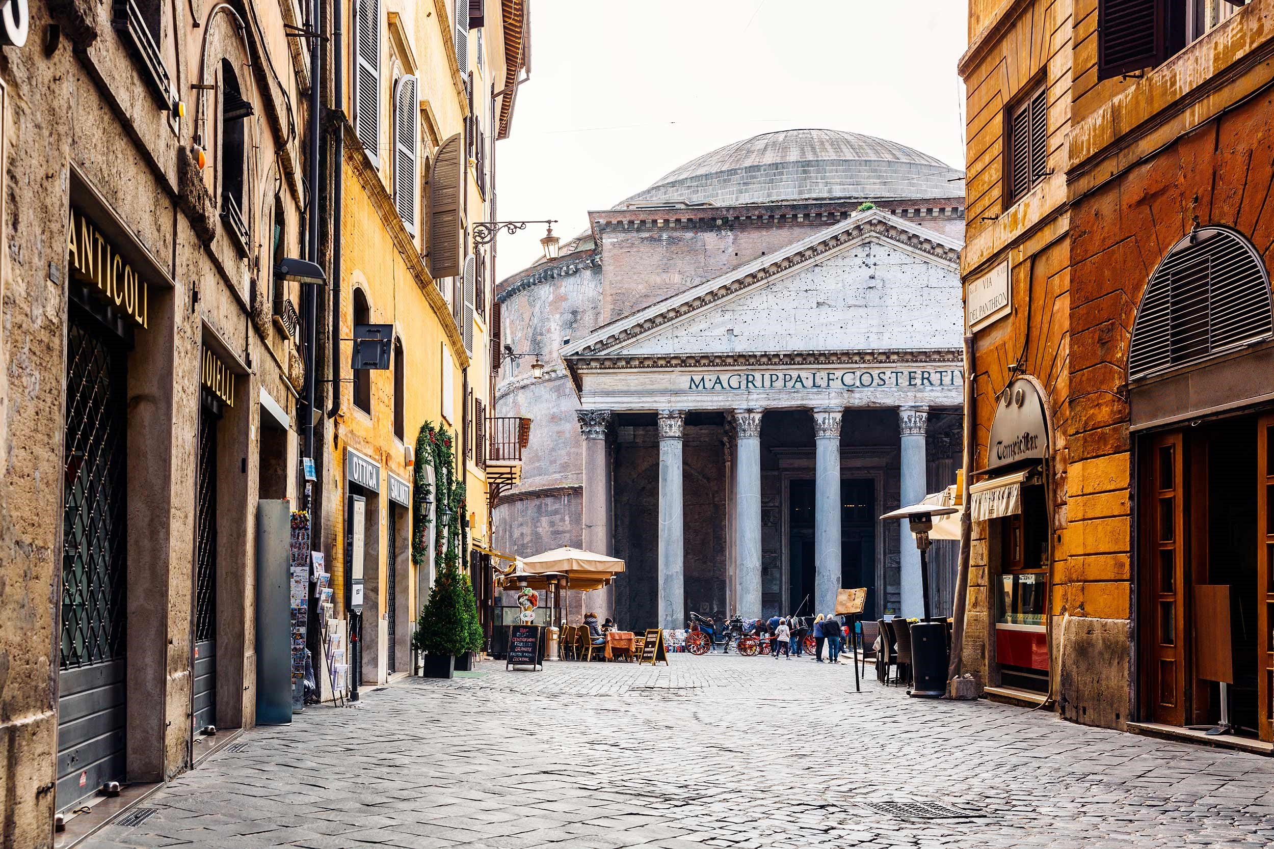 Street view of the Pantheon in Rome with columns in Rome, Italy