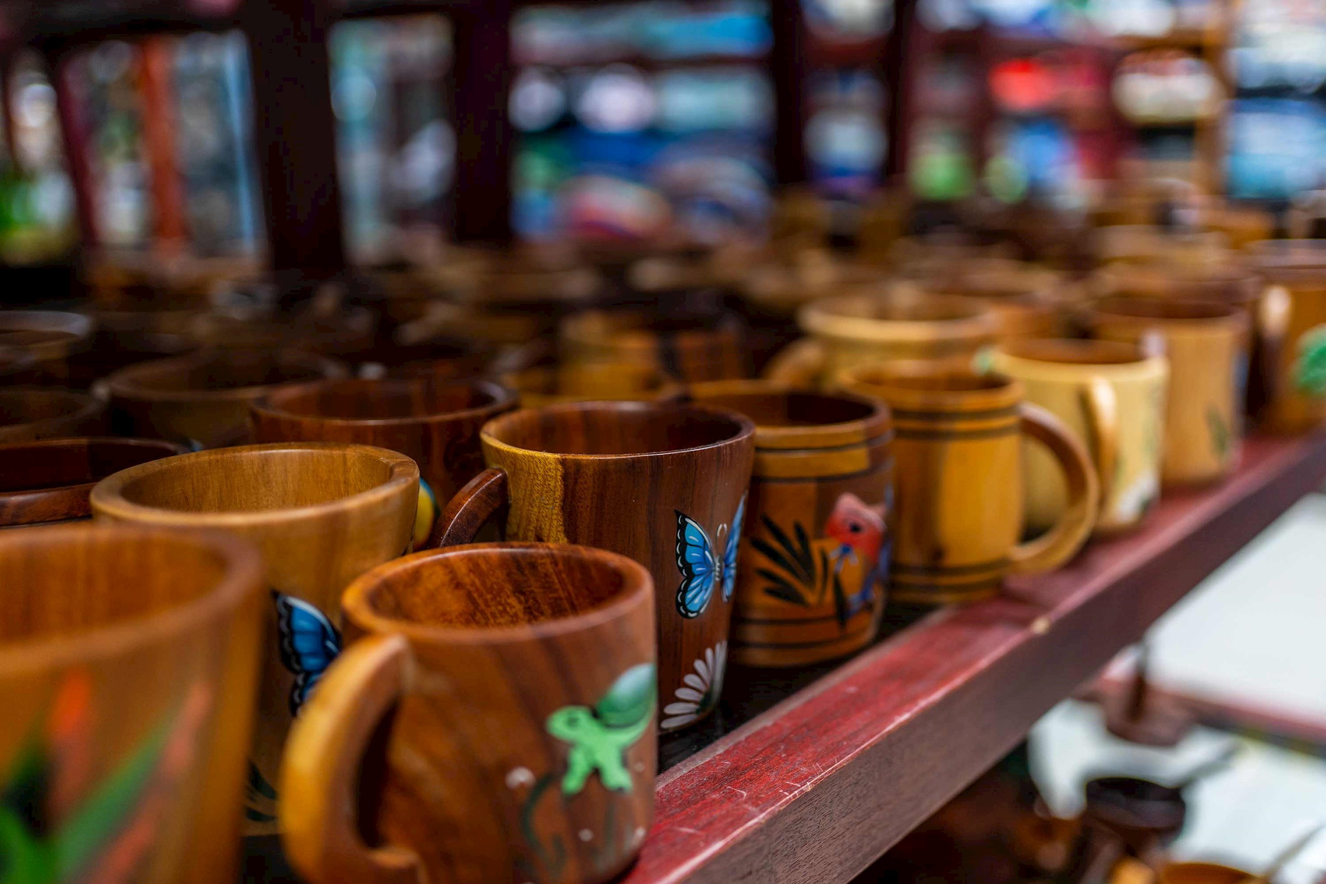 Wooden mugs at a market stall in San Jose, Costa Rica