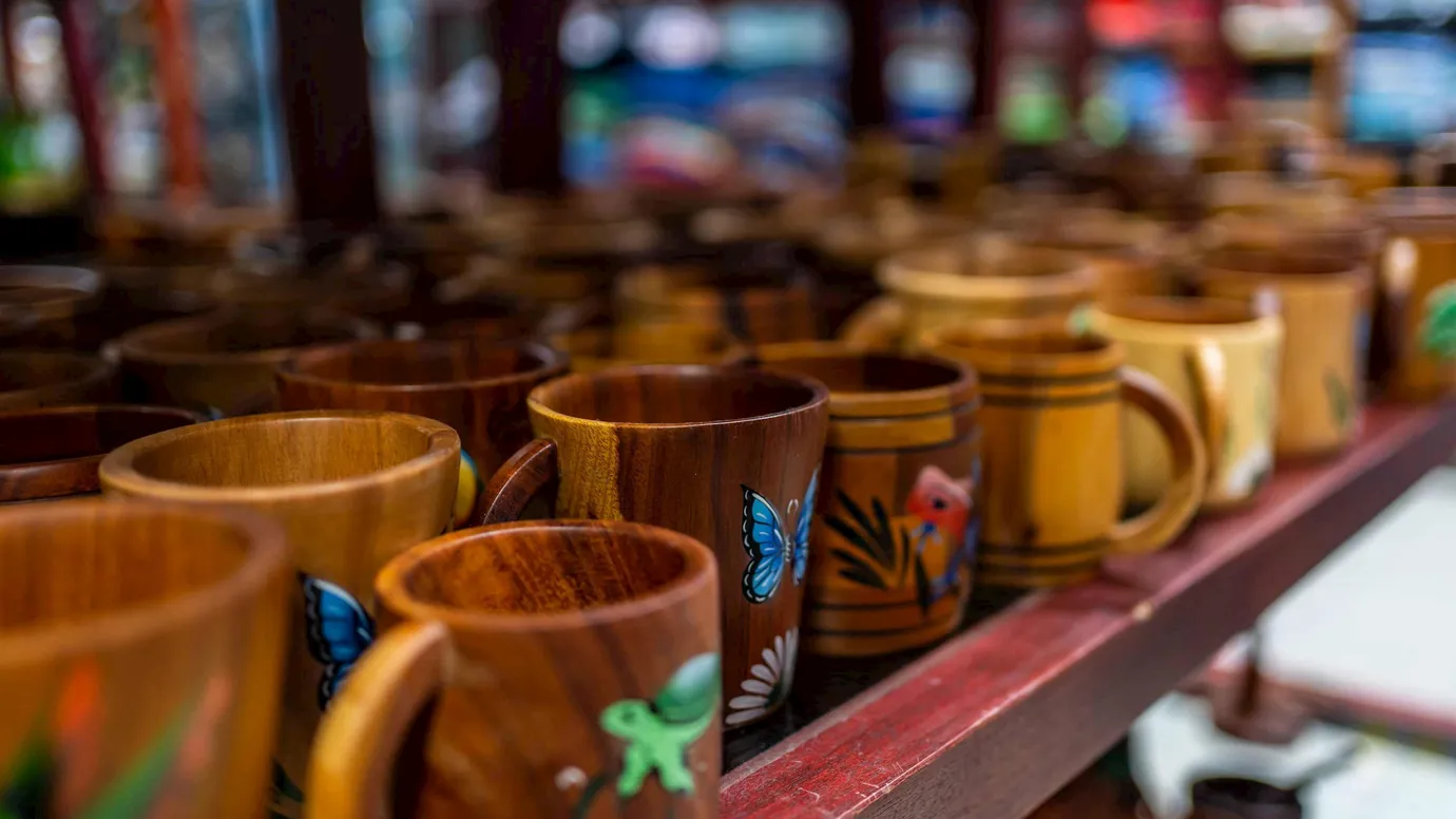 Wooden mugs at a market stall in San Jose, Costa Rica