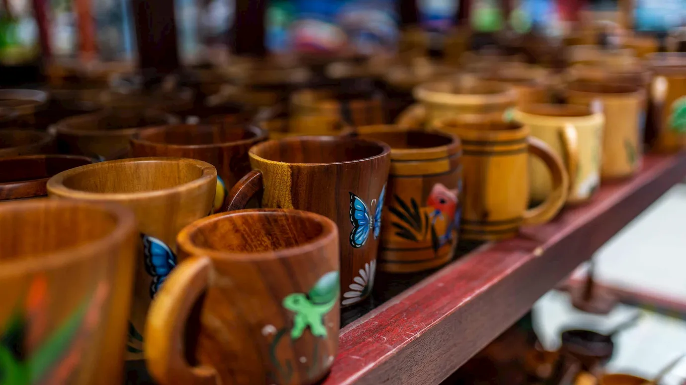 Wooden mugs at a market stall in San Jose, Costa Rica
