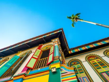 Colourful facade of a house in Little India. A vibrant district of Singapore.