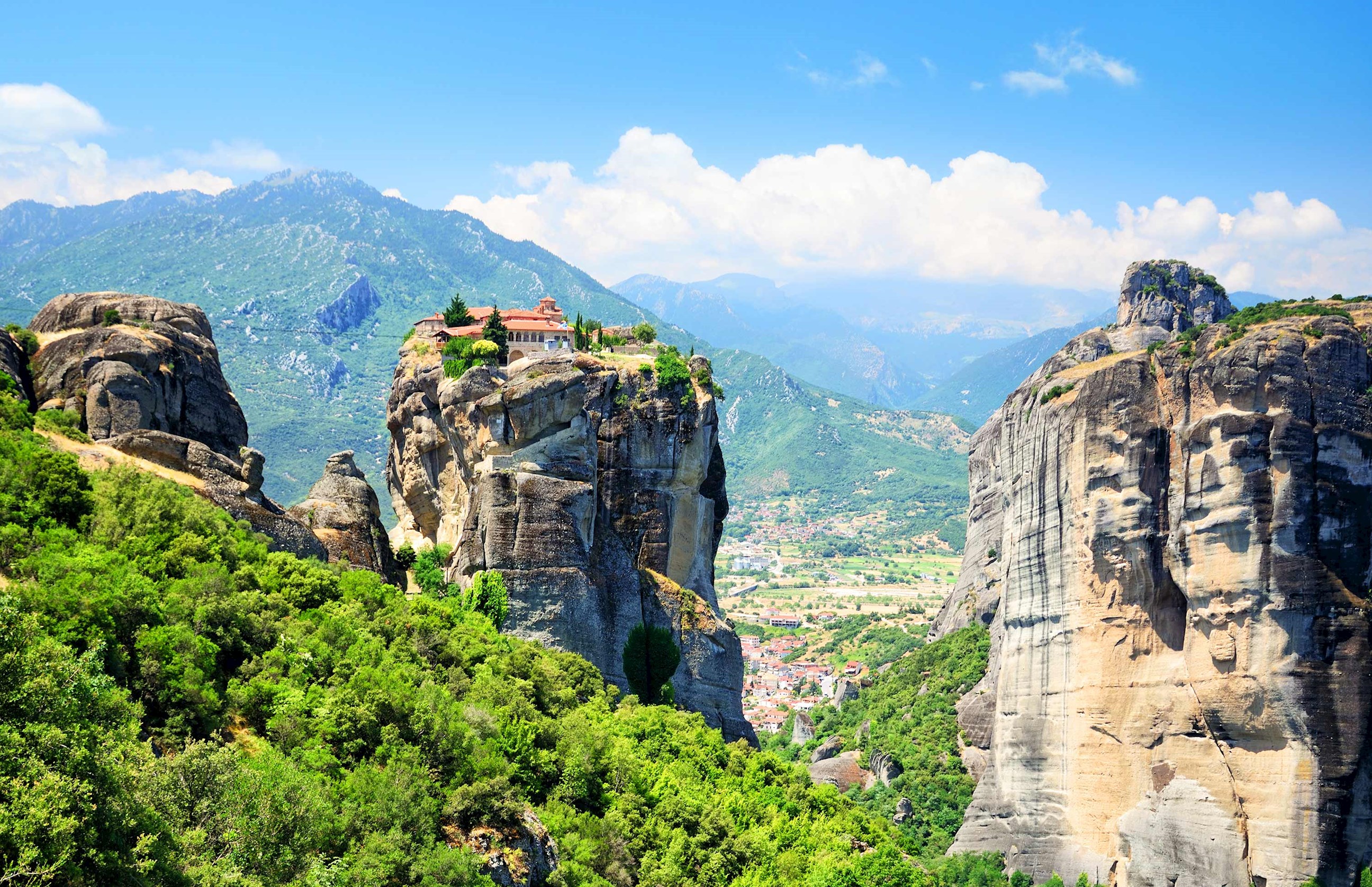 Holy Trinity Monastery perched on towering rock formations in Meteora, Greece