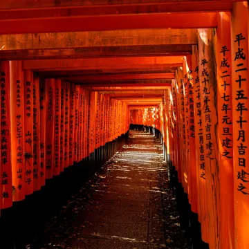 Orange signs with Japanese writing in Kyoto