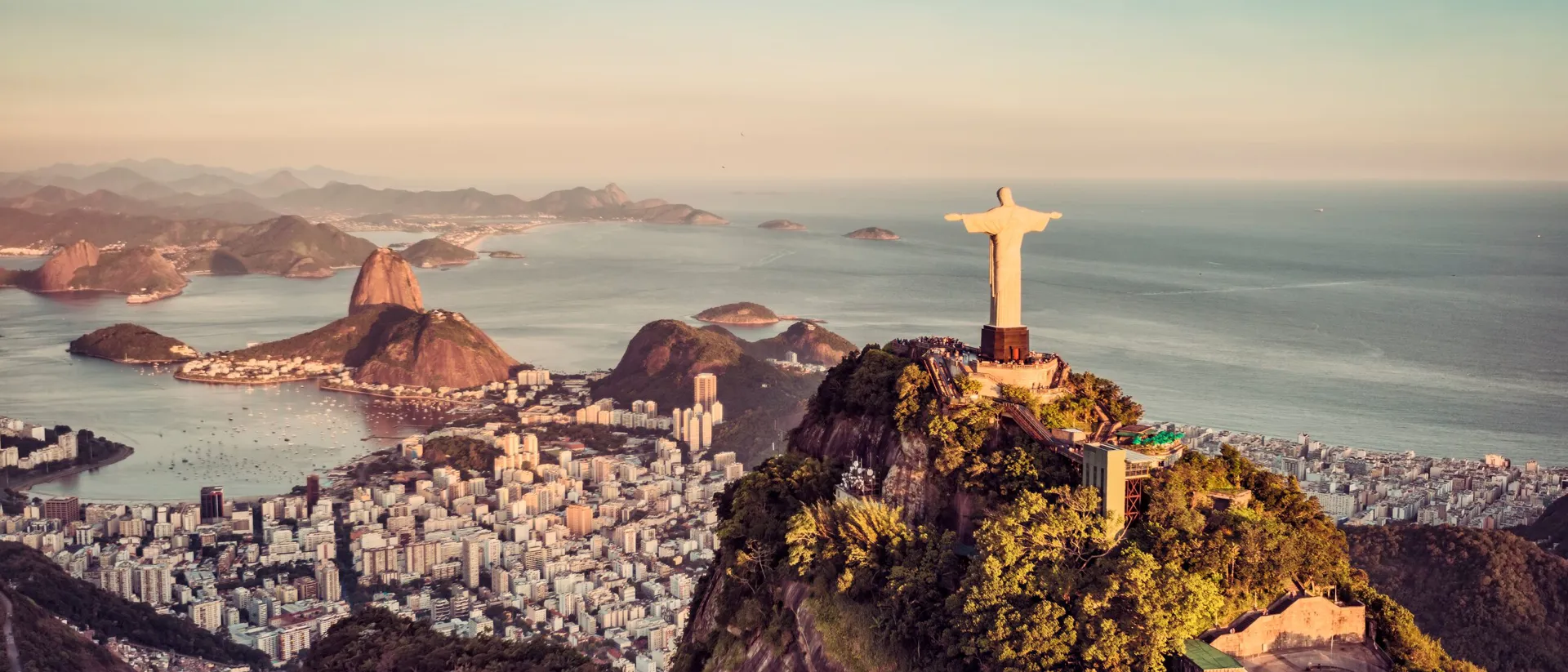 Aerial view of Christ the Redeemer and Botafogo Bay in Rio De Janeiro, Brazil