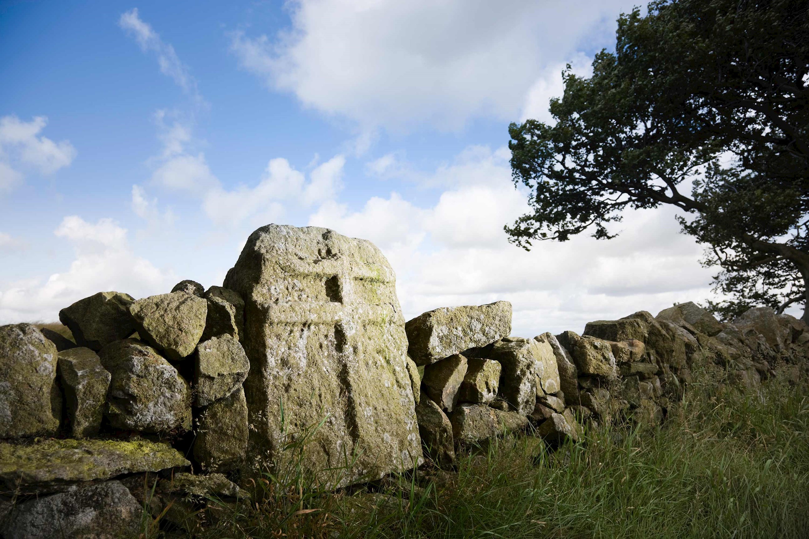 Weathered stone cross carved into old boundary marker in dry-stone wall 