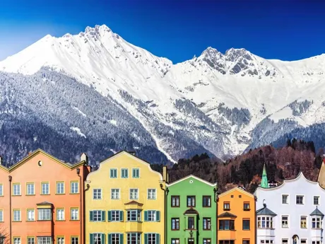 View of houses in front of Innsbruck Mountains in Austria