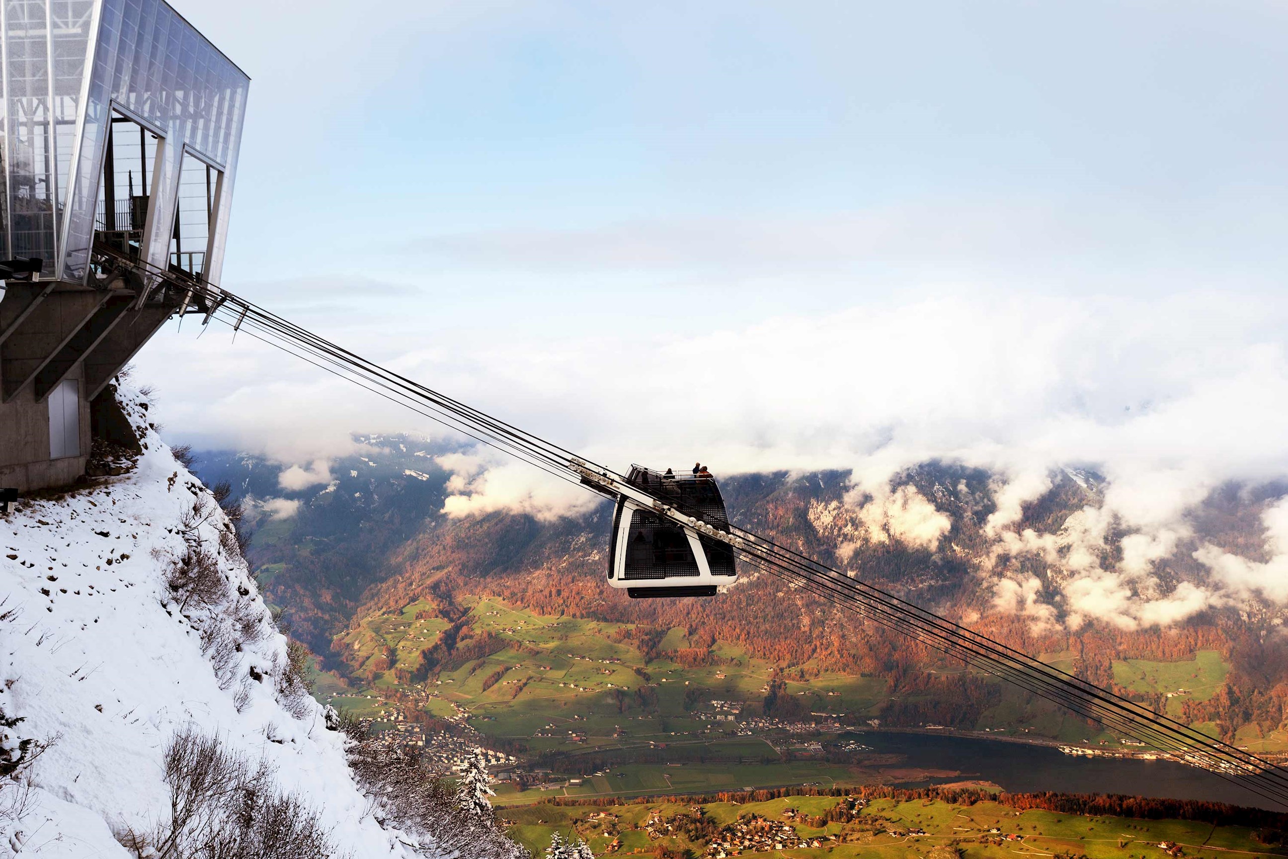 Cable car descending mountain slope in Lucerne, Switzerland