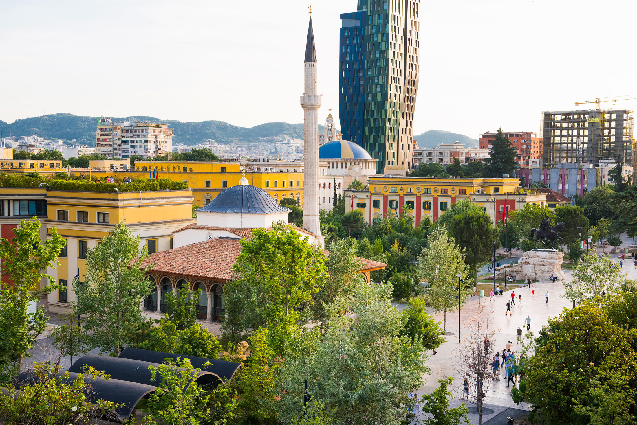Aerial view of Skanderbeg Square (Sheshi Skënderbej) in Tirana, Albania