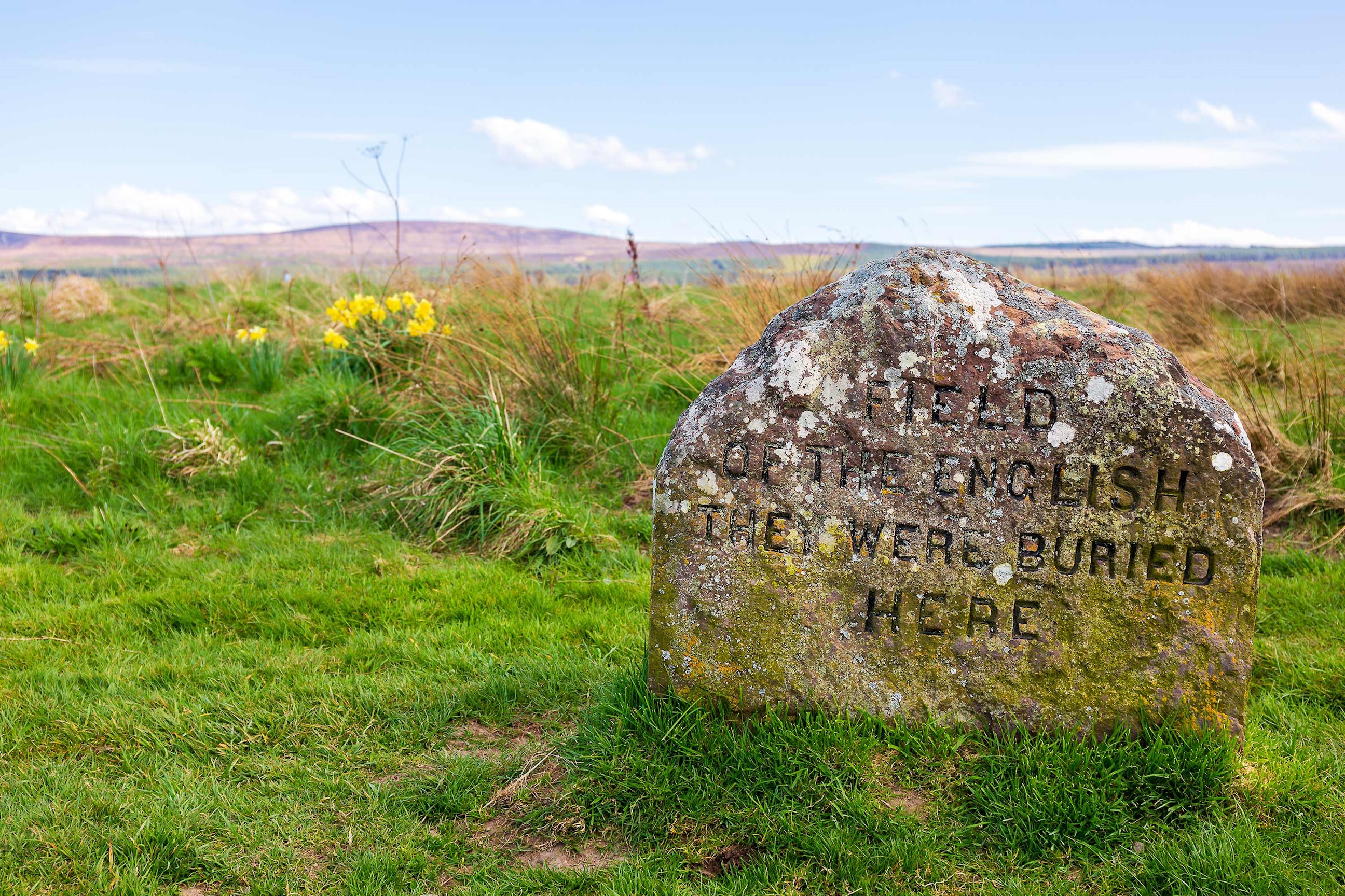 Weathered stone marker with engraved text on grassy open field in Culloden, Scotland