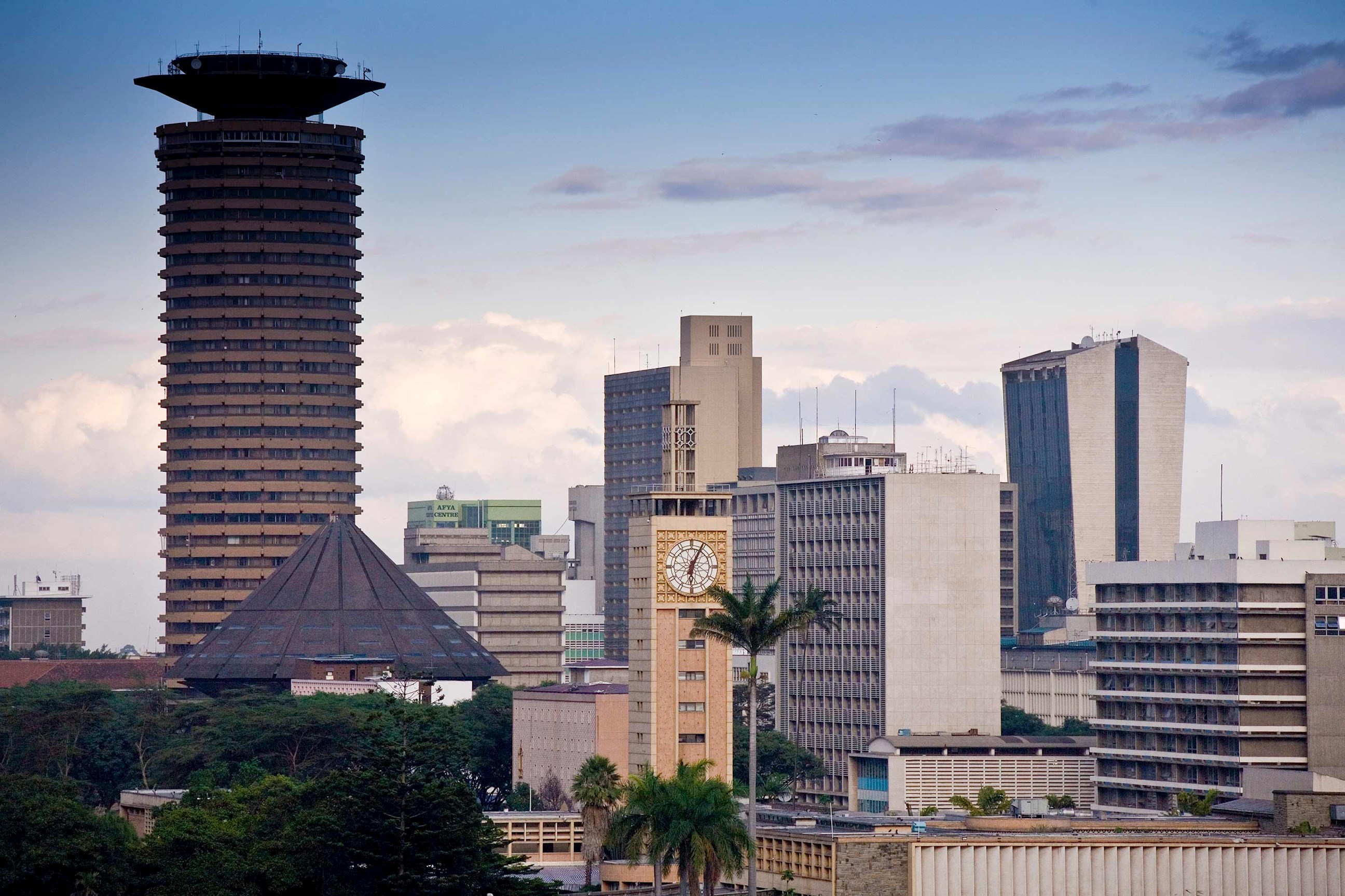 Nairobi city skyline with Kenyatta International Conference Centre tower in Kenya