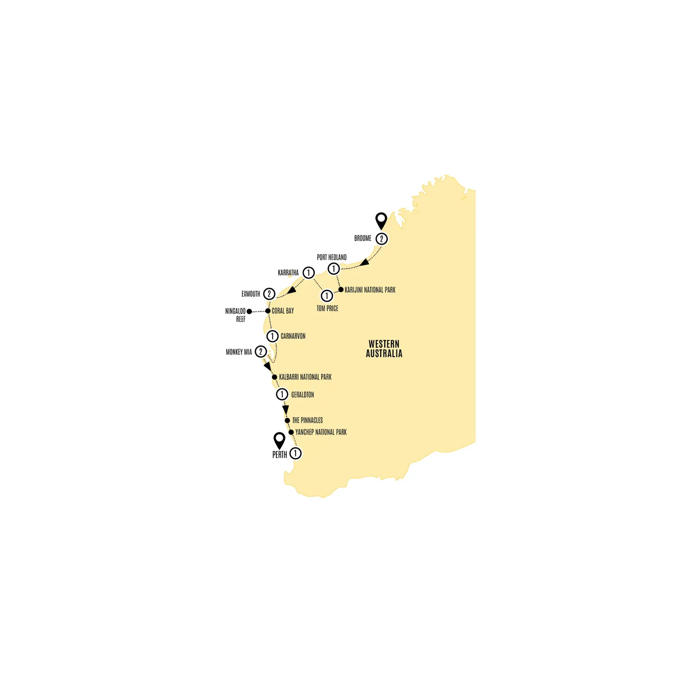Untamed Pilbara and West Coast Guided Tour Map 2026-27-28