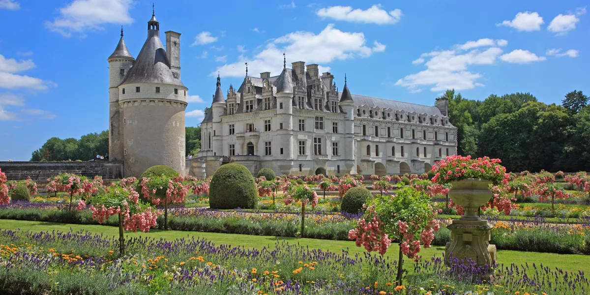 The flowered gardens and Chateau De Chenonceau in France